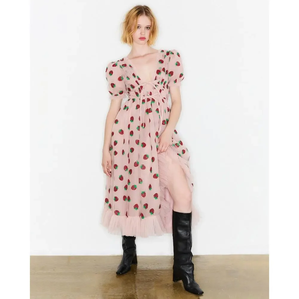 Lirika Matoshi Strawberry V-Neck Short Sleeves Midi Dress - M - Picture 2 of 5
